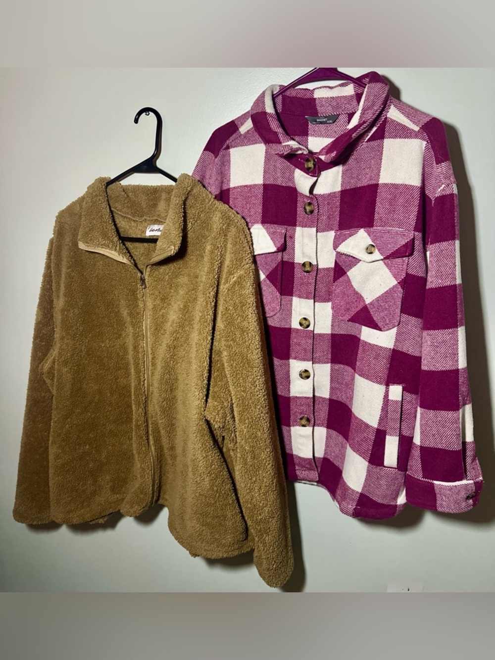 XXL Jacket Bundle Womens Buffalo Plaid Shacket Tan Sherpa Fleece Coat